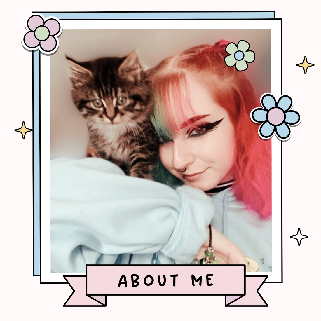 Photo of May and her cat with illustrated frame, flowers and sparkles in pastel colours