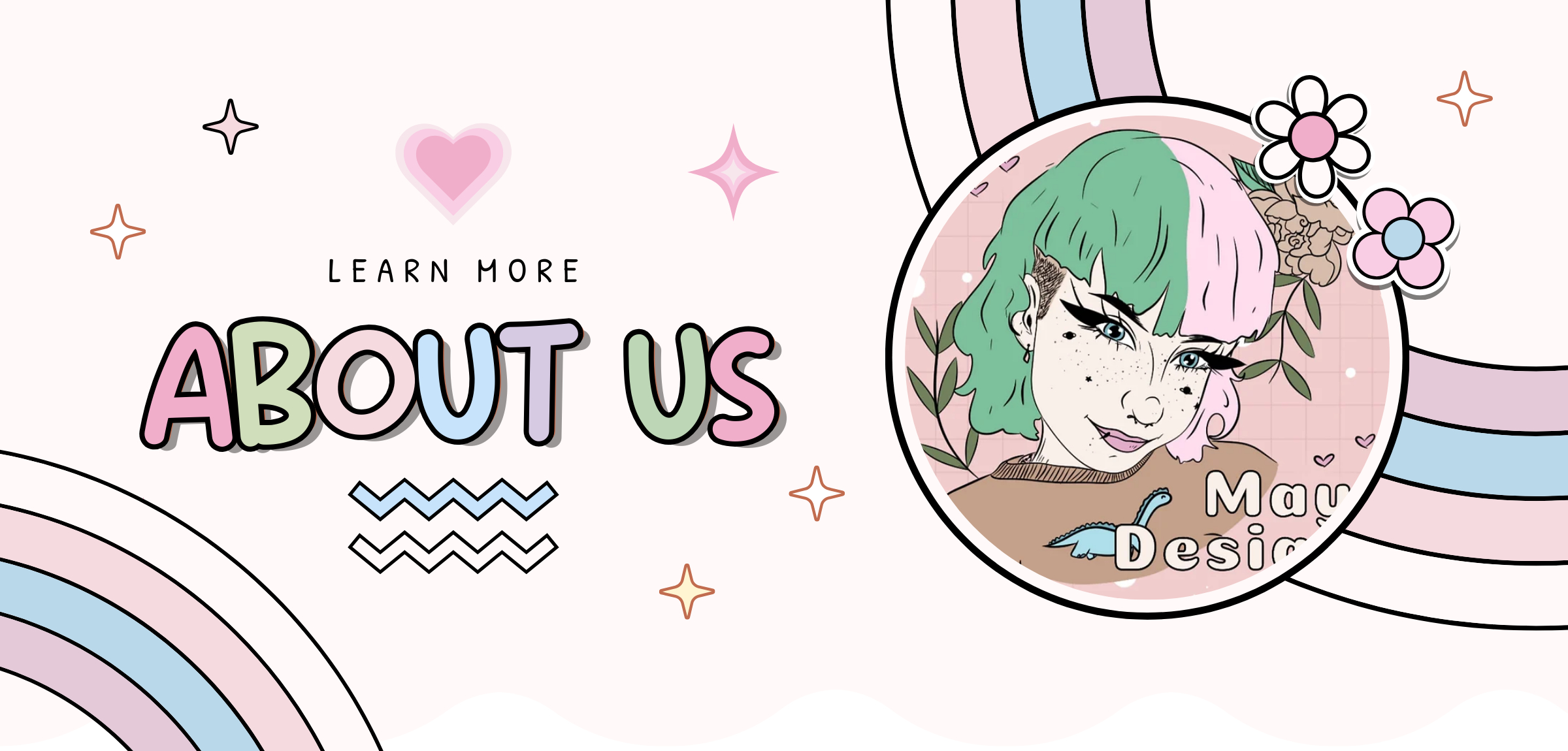 Graphic banner for About Us section of iinside my head website. digital illustration in pastel colours with rainbows and flowers