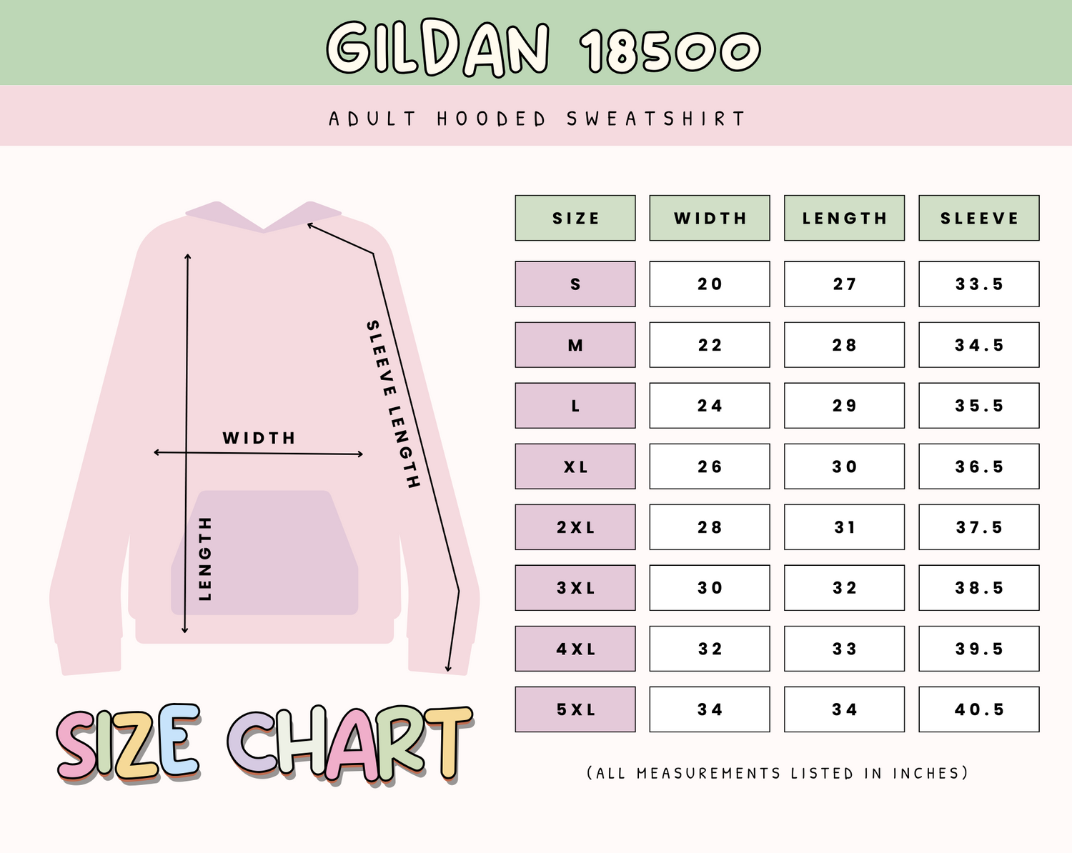 Table and illustration showing a size guide for hoodies