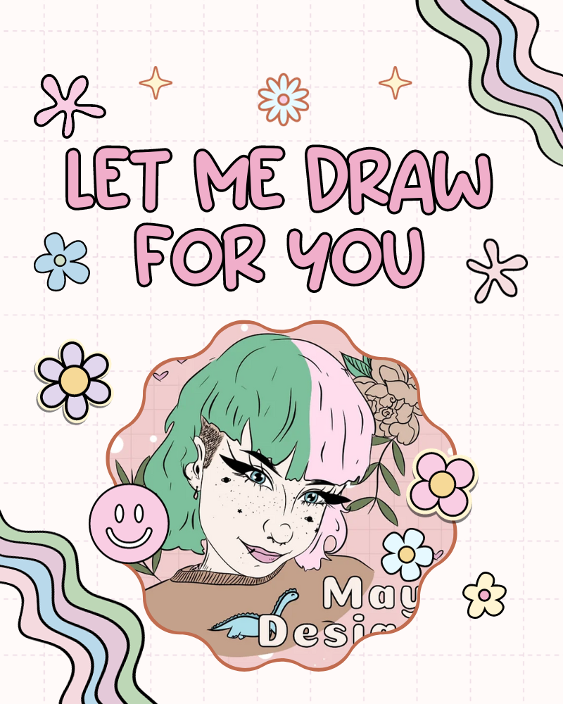 Illustration inviting bespoke design requests 'Let Me Draw for You' by Iinside my Head. Graphic includes self portrait, rainbows and flowers in pastel colours.