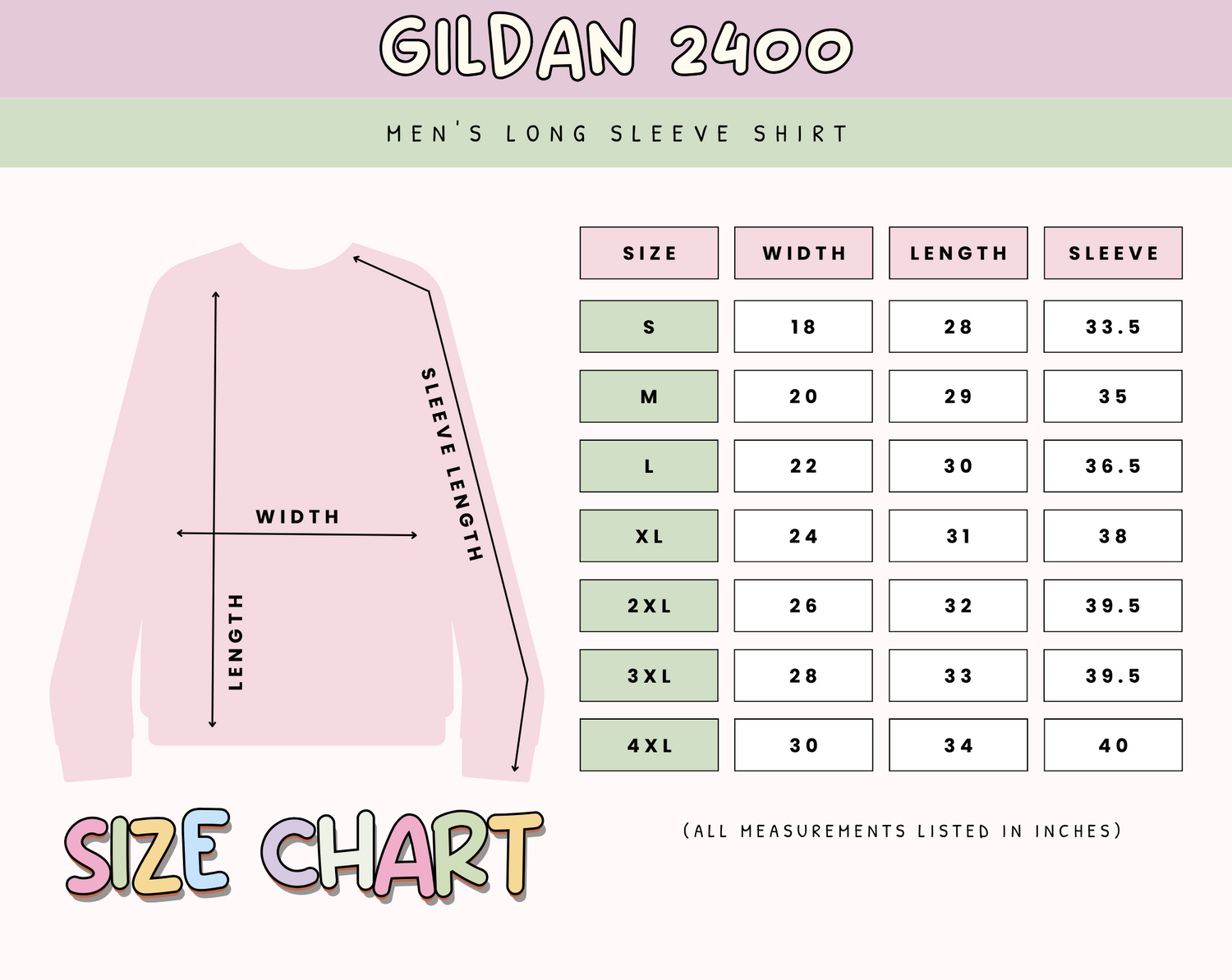 Table and illustration showing a size guide for long sleeve tops