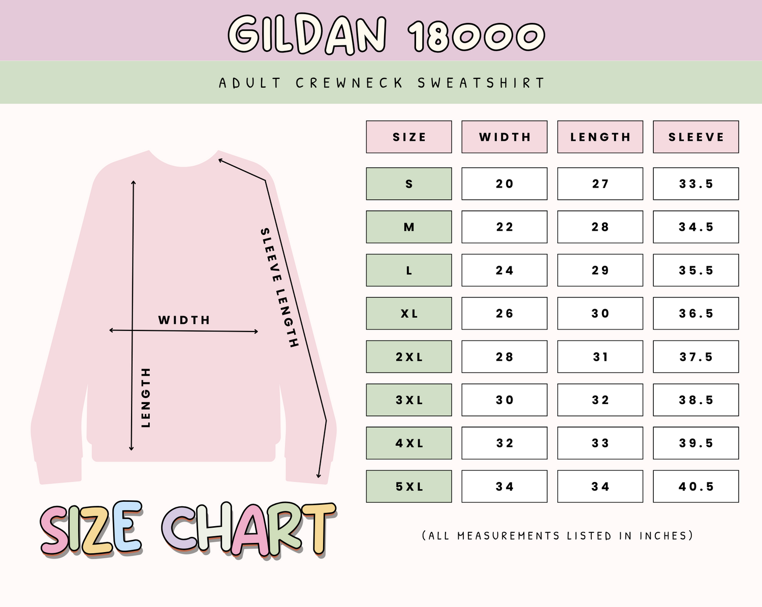 Table and illustration showing a size guide for crew neck sweatshirts