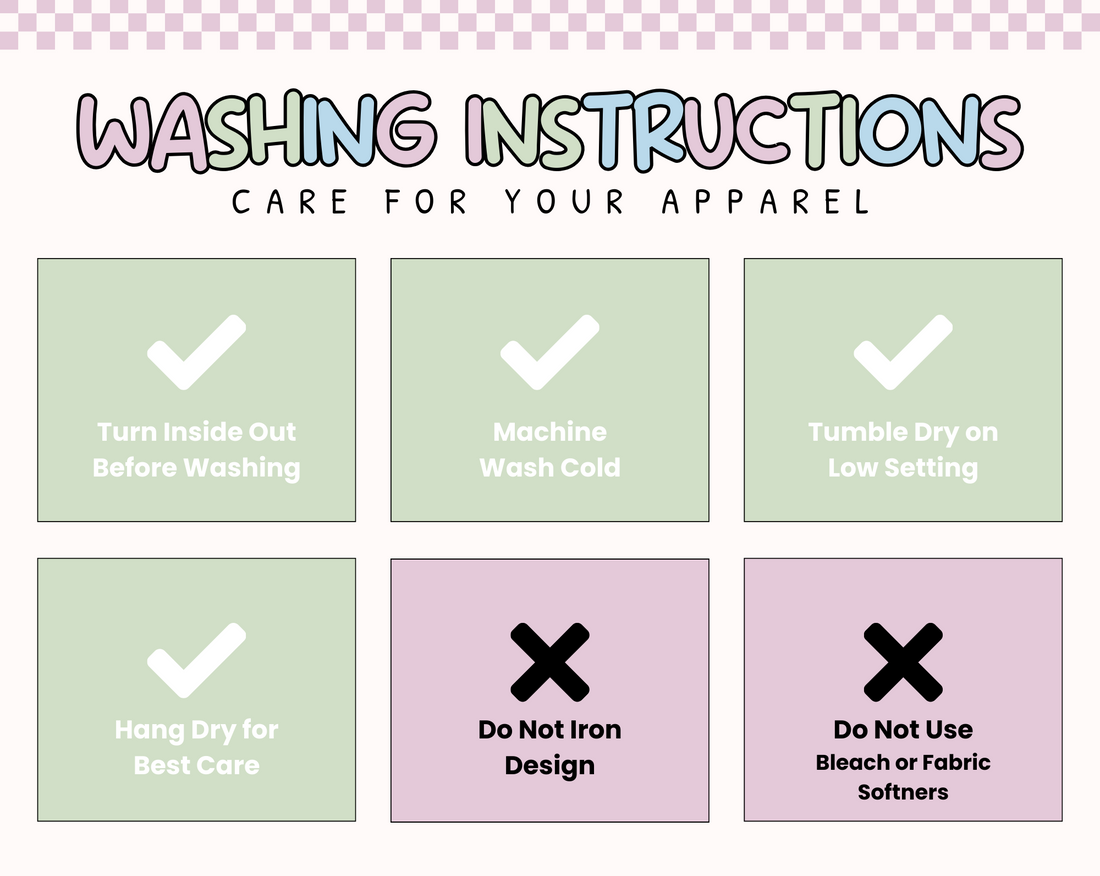 Table showing care instructions for Iinside My Head apparel advising you turn inside out before washing, machine wash cold, tumble dry on a low setting and hang dry for best care. Do not iron the design nor use bleach or fabric softeners.