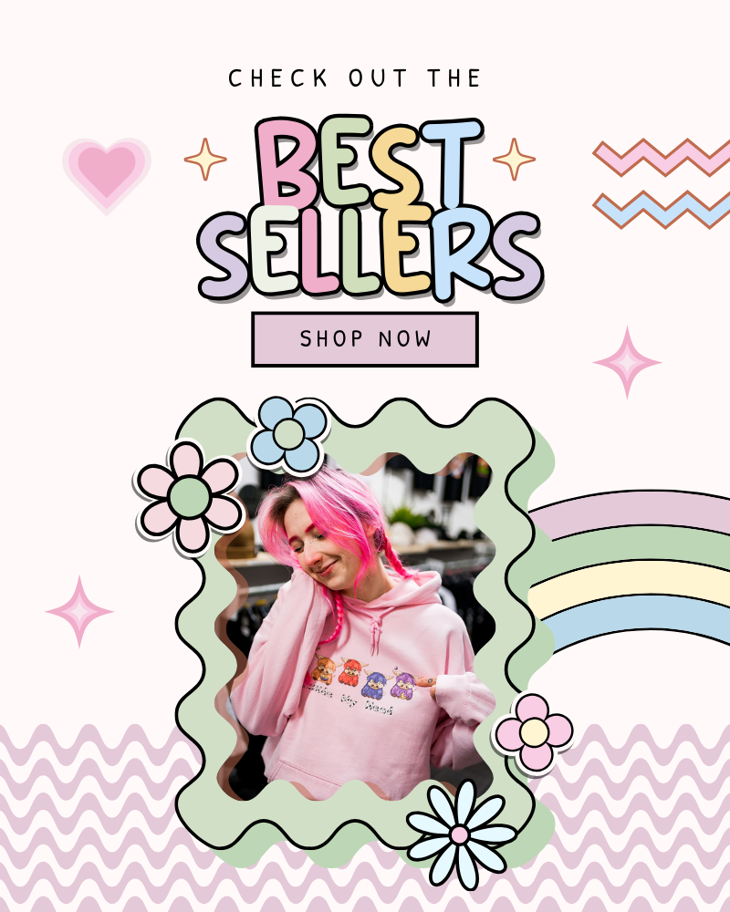 graphic element showing best sellers and image of girl wearing pink cow-munication hoodie from Iinside My Head
