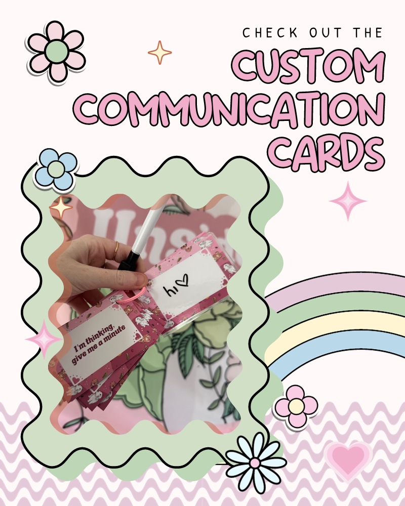 photograph showing custom made communication cards by Iinside my Head surrounded by an illustrated frame with flowers and rainbow in pastel colours.