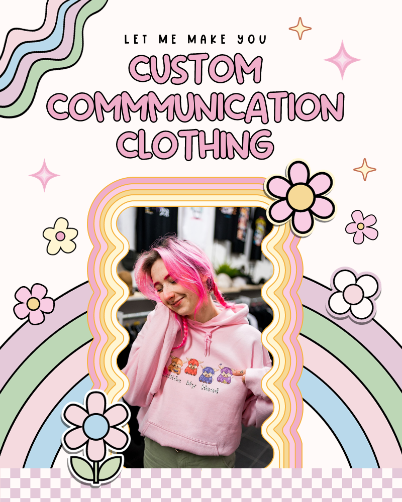 custom graphic of a woman with pink hair wearing an Iinside my Head Pink cow hoodie and surrounded by a illustrated frame of rainbows and flowers